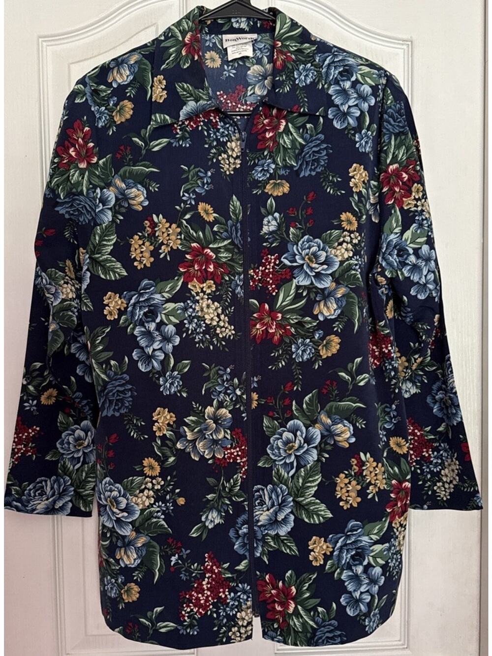 BonWorth Women's Size XS Navy Blue Floral Print Long Sleeve Full Zip Blouse